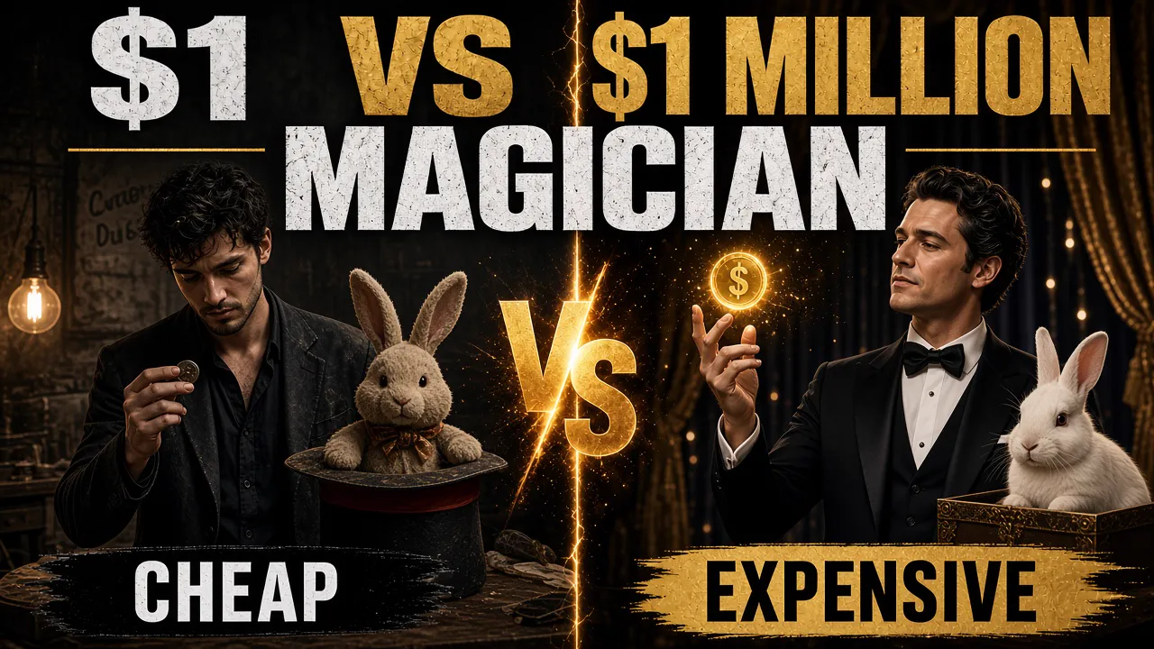 A cheap magician and an expensive magician split by a VS sign, labelled CHEAP and EXPENSIVE