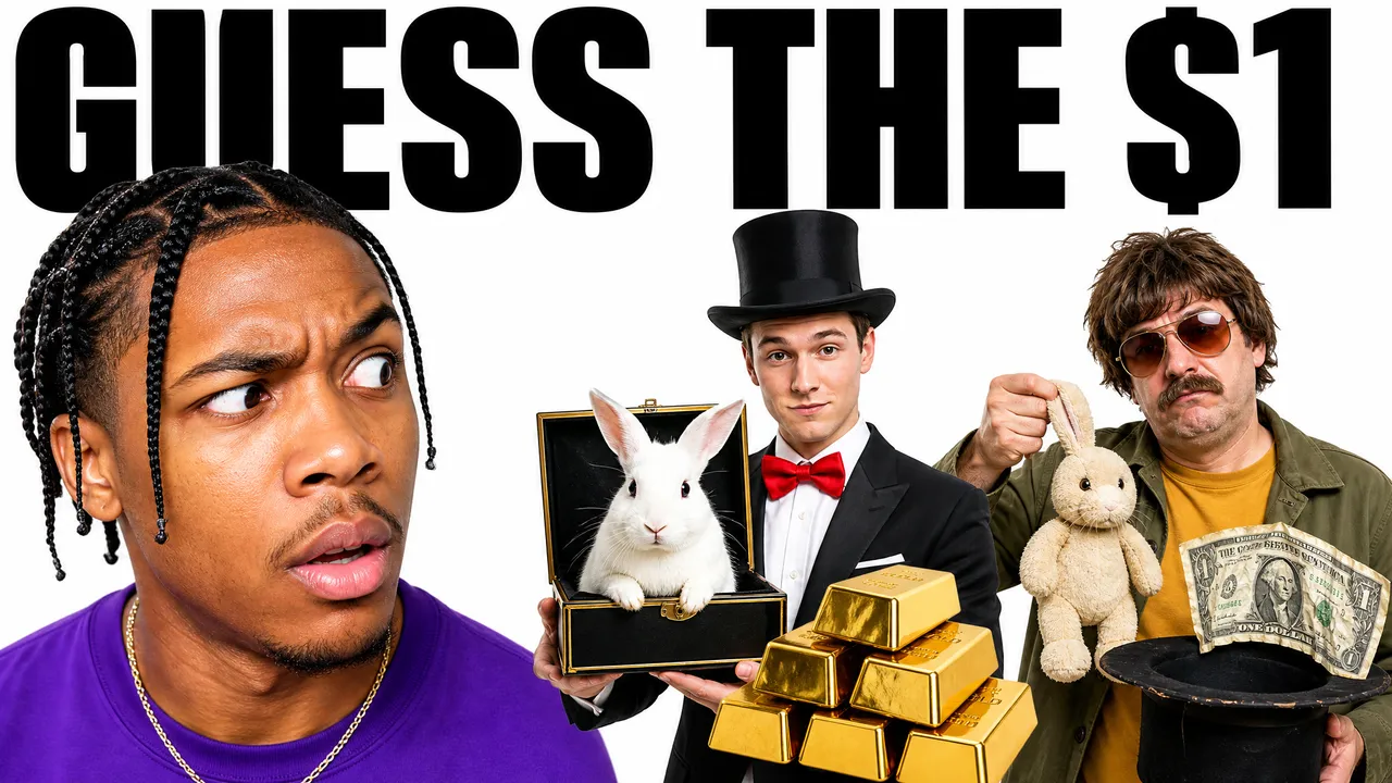 A host looking sideways at a tuxedo magician with gold bars and a scruffy magician with a dollar bill, headline GUESS THE $1