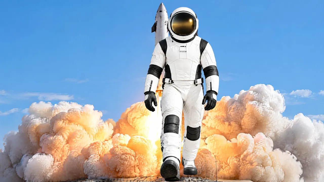 An astronaut walking in front of a rocket launch with huge flames