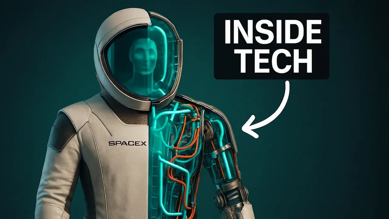 A SpaceX suit cut open to show glowing cooling tubes inside, with the words INSIDE TECH