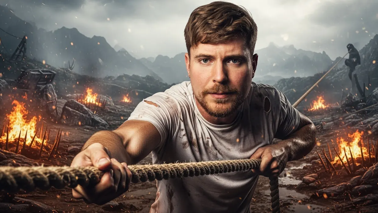 A thumbnail made by WildThumbnails: a man pulls a rope across a smoky, burning wasteland while a half-hidden figure watches from a ridge.