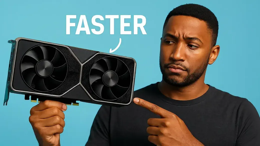 A finished thumbnail made by WildThumbnails for the title Is this the FASTEST GPU?: a man holds up a graphics card under the word FASTER